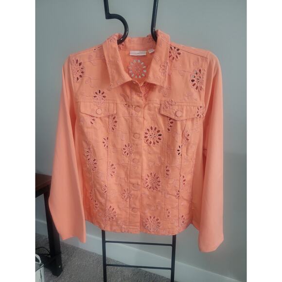 Belle Kim Gravel Lrge Creamsicle Eyelet Jacket Knit Sleeves & Back A683209 NWOT - Picture 2 of 8